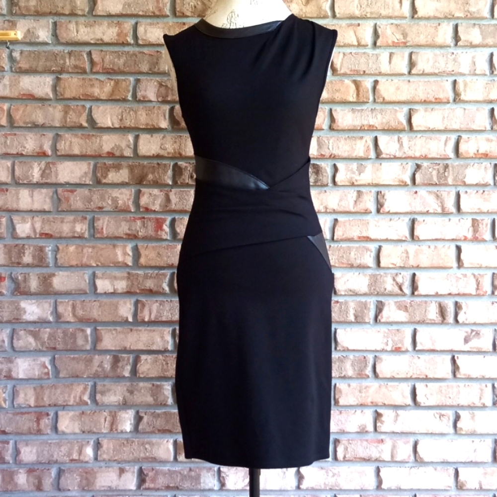 Graham & Spencer Black Ponte Knit Sleeveless Sheath Dress with Leather Trim.